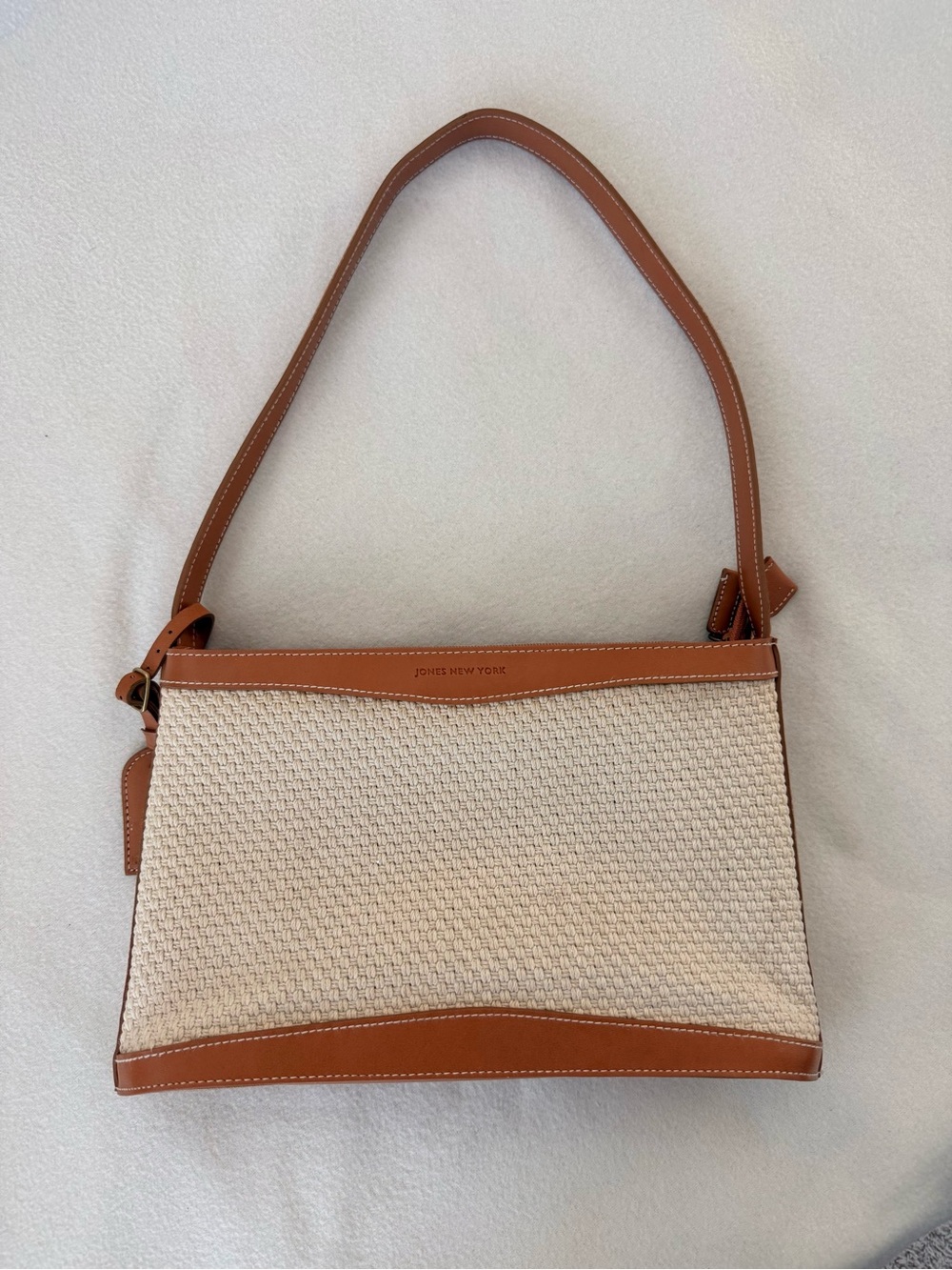 Jones New York Cream and Tan Woven Shoulder Bag with Leather Trim